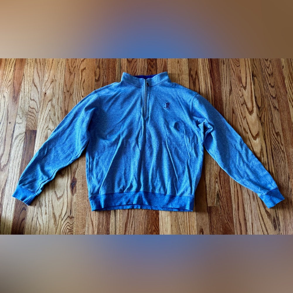 Men's Quarter Zip-Up Cotton Pullover Blue - Large